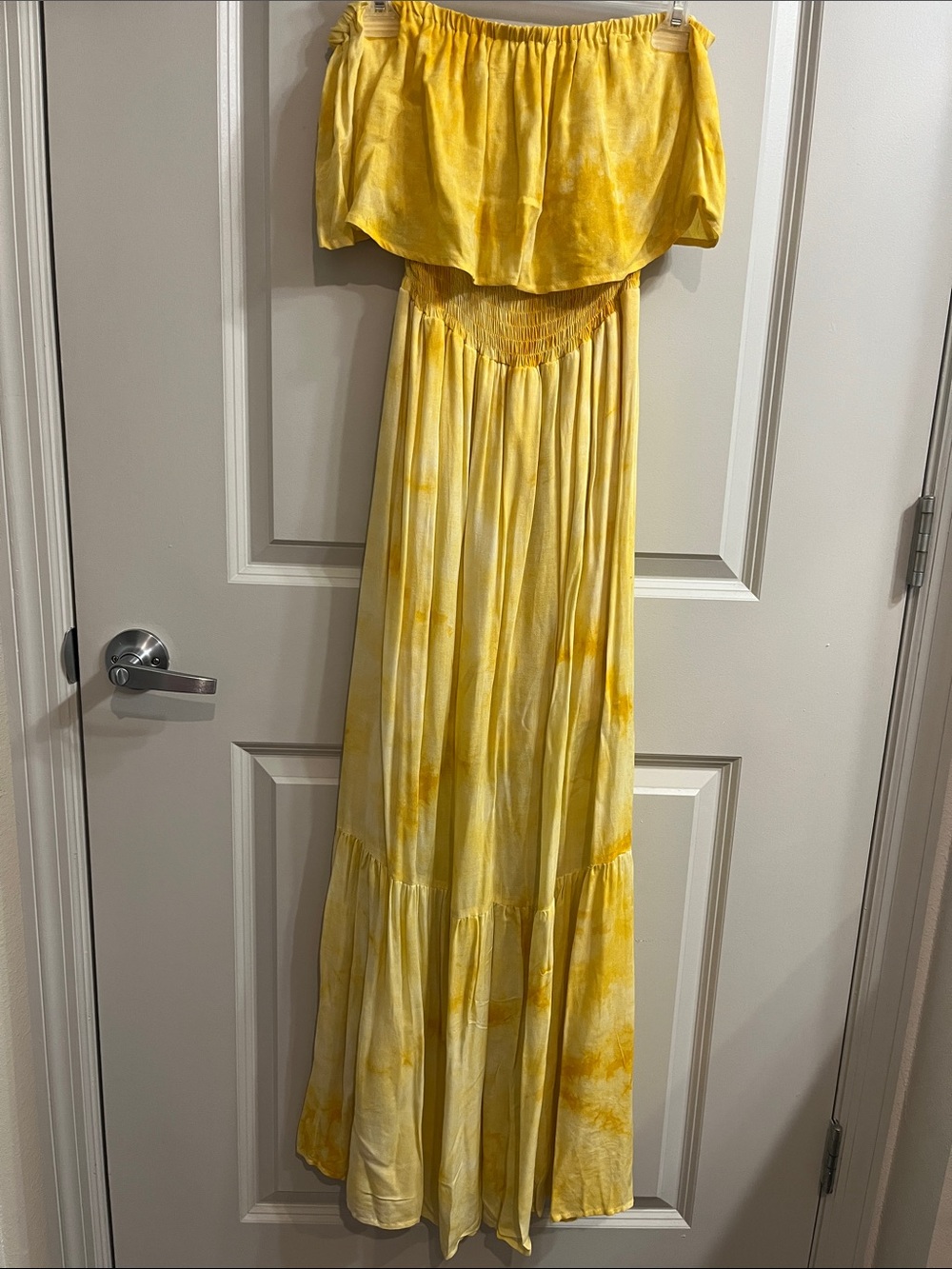 FAVLUX Bright Beachy Yellow Tie-Dye Strapless Maxi Dress